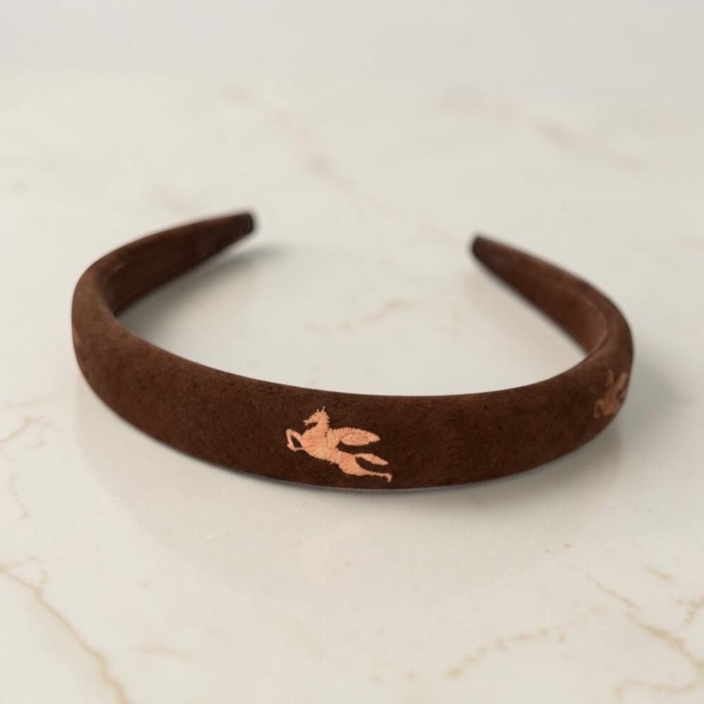 Etro Brown Suede Pegasus Embroidered Slim Headband MINT